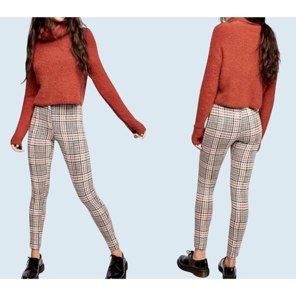 FREE PEOPLE Carnaby Retro Tan Plaid Hi Rise Slim Fit Pants Size 2 - Picture 1 of 8